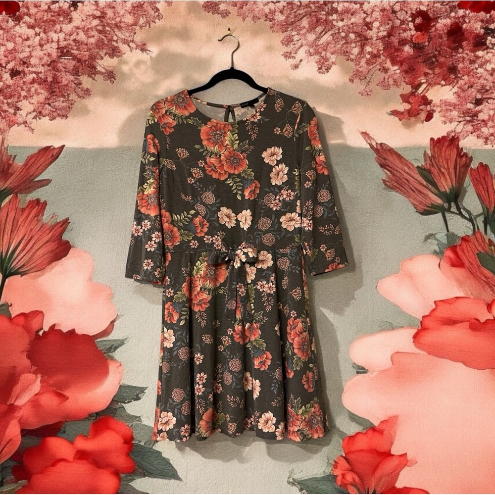 Bebop Grey with Coral/Peach/Pink Floral Print 3/4 Sleeve Fit & Flare Dress
